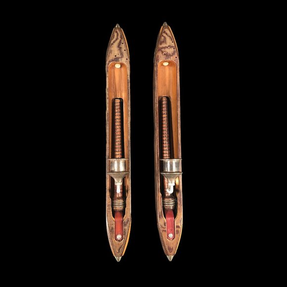 2ct VTG Candleholders Bullet Boat Shuttle Spool Wood Loom Weaving Cotton Mills - Picture 1 of 13